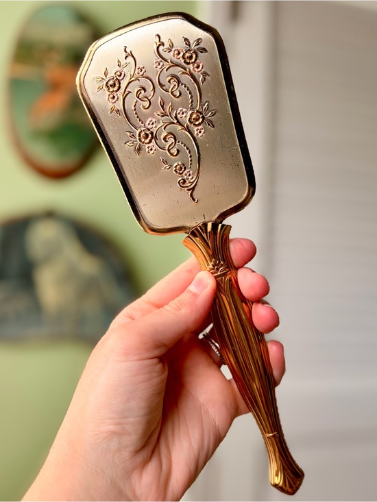Accessories - Vintage Decorative Ornate Eclectic Gold Hand Mirror - Elegant Floral Design